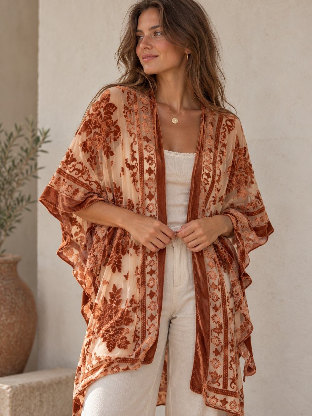 Angie Brown Burnout Velvet Floral Kimono Wrap Boho One Size NWOT